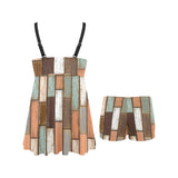 Wood Printed Pattern Print Design 02 Chest Sexy Pleated Two Piece Swim Dress