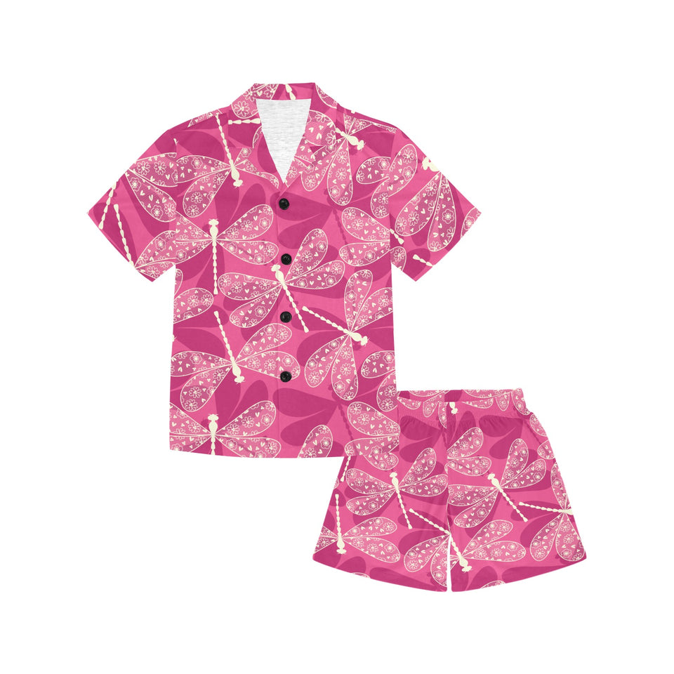 Beautiful dragonfly pink background Kids' Boys' Girls' V-Neck Short Pajama Set