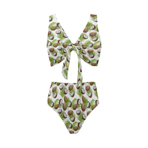 Coconut Pattern Print Design 04 Chest Bowknot High Waisted Bikini Swimsuit