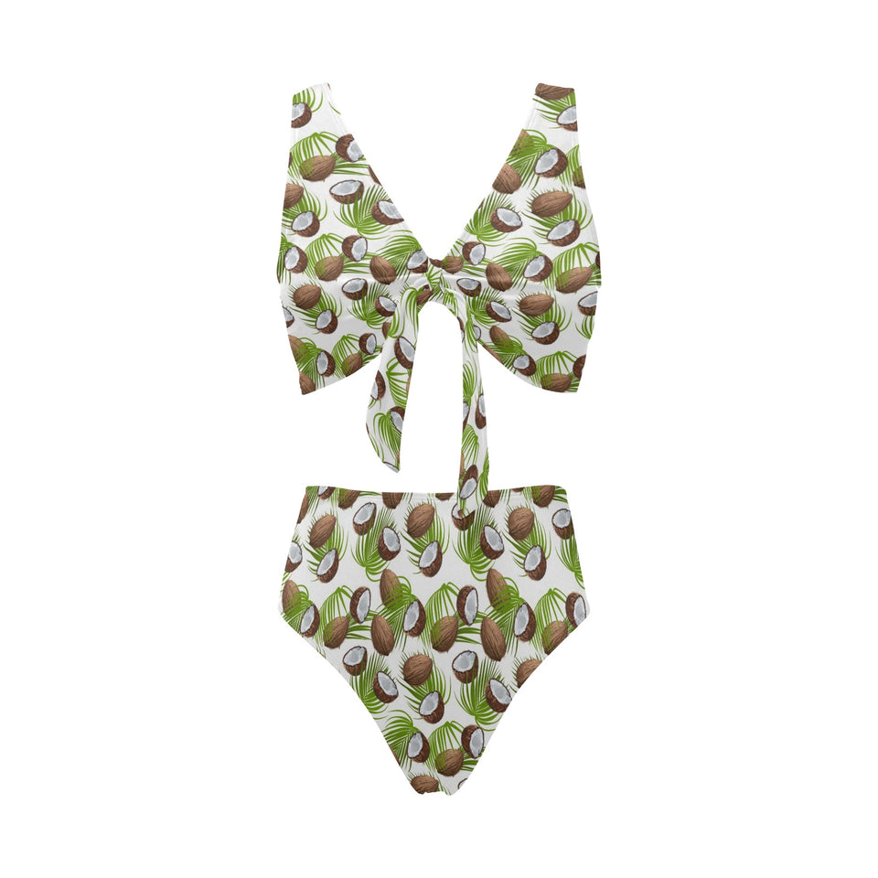 Coconut Pattern Print Design 04 Chest Bowknot High Waisted Bikini Swimsuit