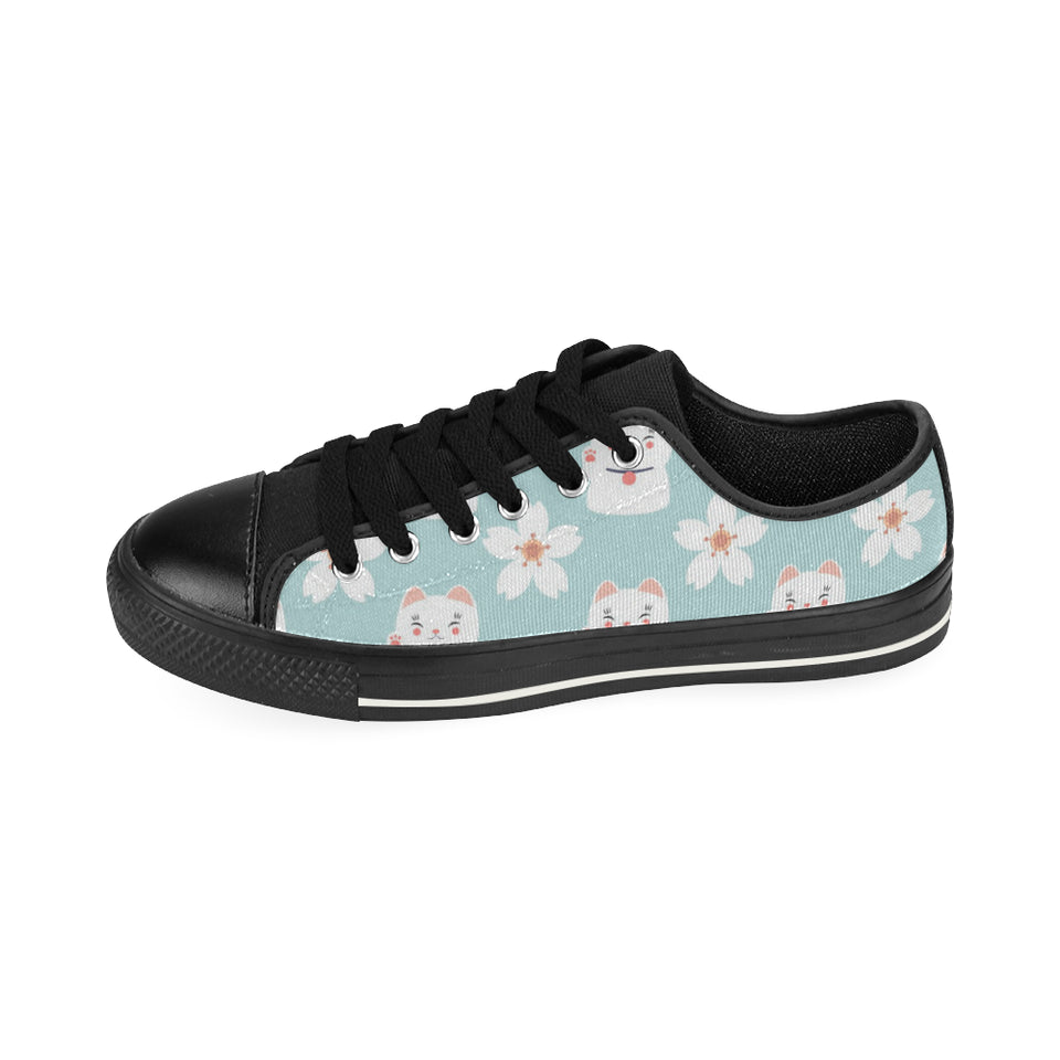 Maneki neko cat sakura Men's Low Top Canvas Shoes Black