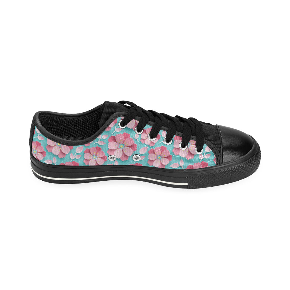 3D sakura cherry blossom pattern Men's Low Top Canvas Shoes Black