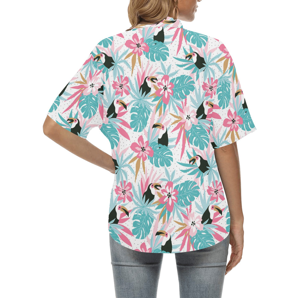 Toucan tropical flower leave pattern Women's All Over Print Hawaiian Shirt