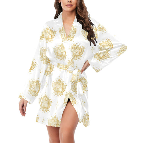 Gold Ornamental lotue waterlily symbol pattern Women's Long Sleeve Belted Night Robe