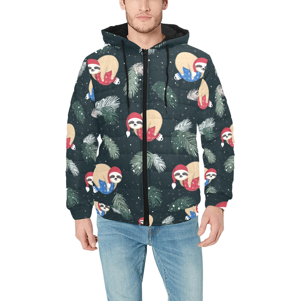 Cute sloths sleeping christmas ball santa hat patt Men's Padded Hooded Jacket