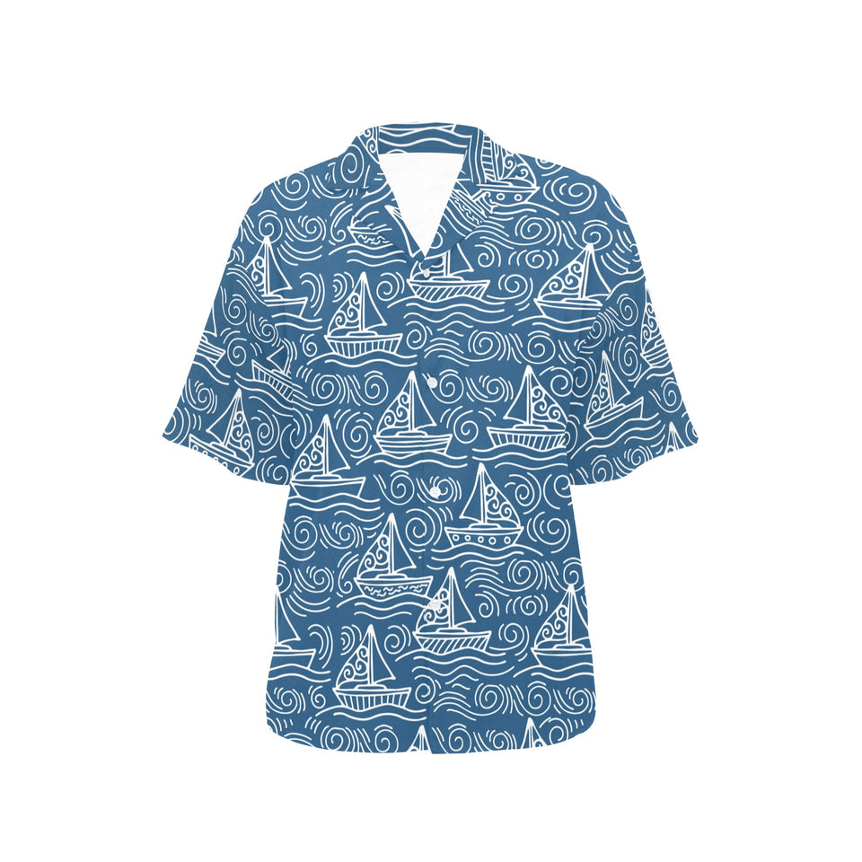 Hand drawn sailboat pattern Women's All Over Print Hawaiian Shirt