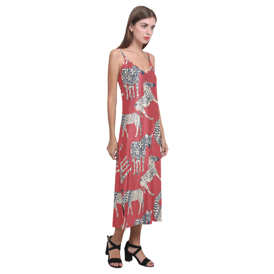 Zebra abstract red background V-Neck Open Fork Long Dress
