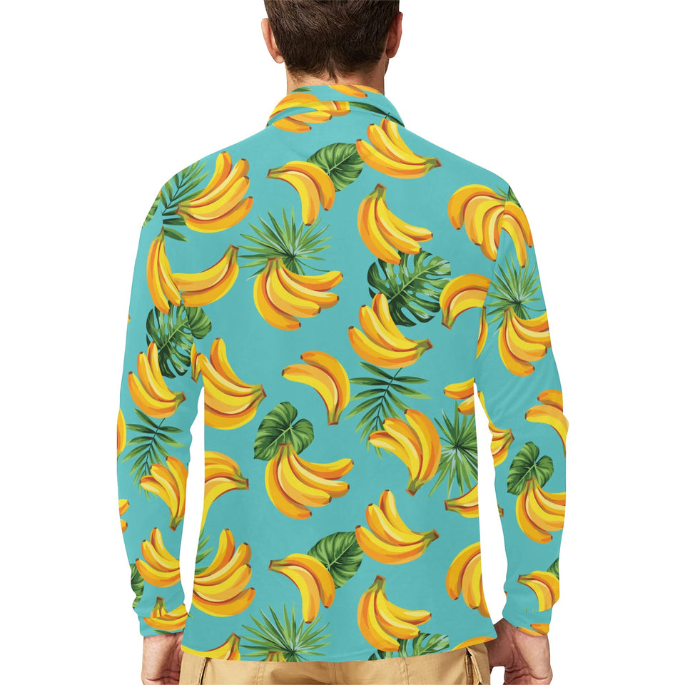 Banana Palm Leaves pattern background Men's Long Sleeve Polo Shirt