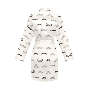 Mustache Beard Pattern Print Design 05 Women's Long Sleeve Belted Night Robe