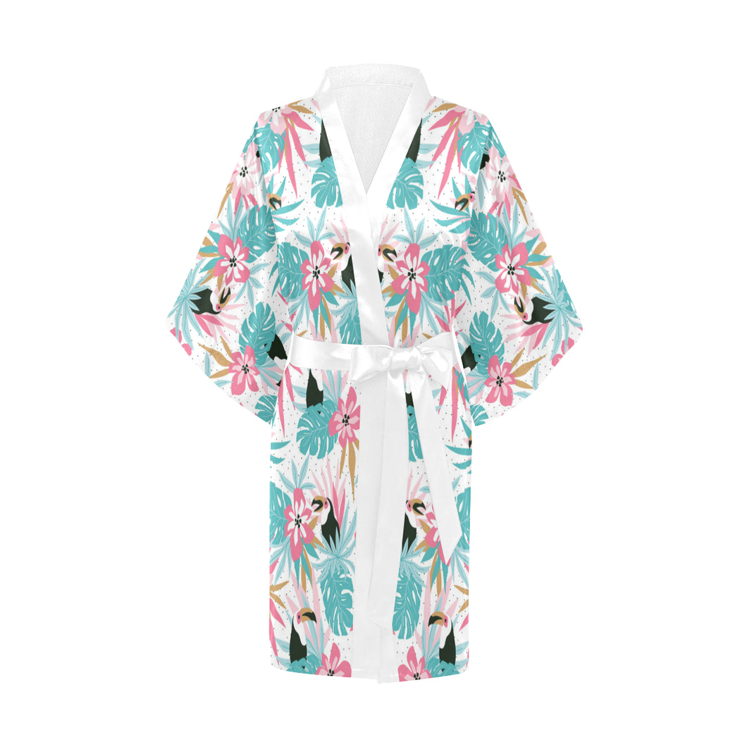 Toucan tropical flower leave pattern Women's Short Kimono Robe