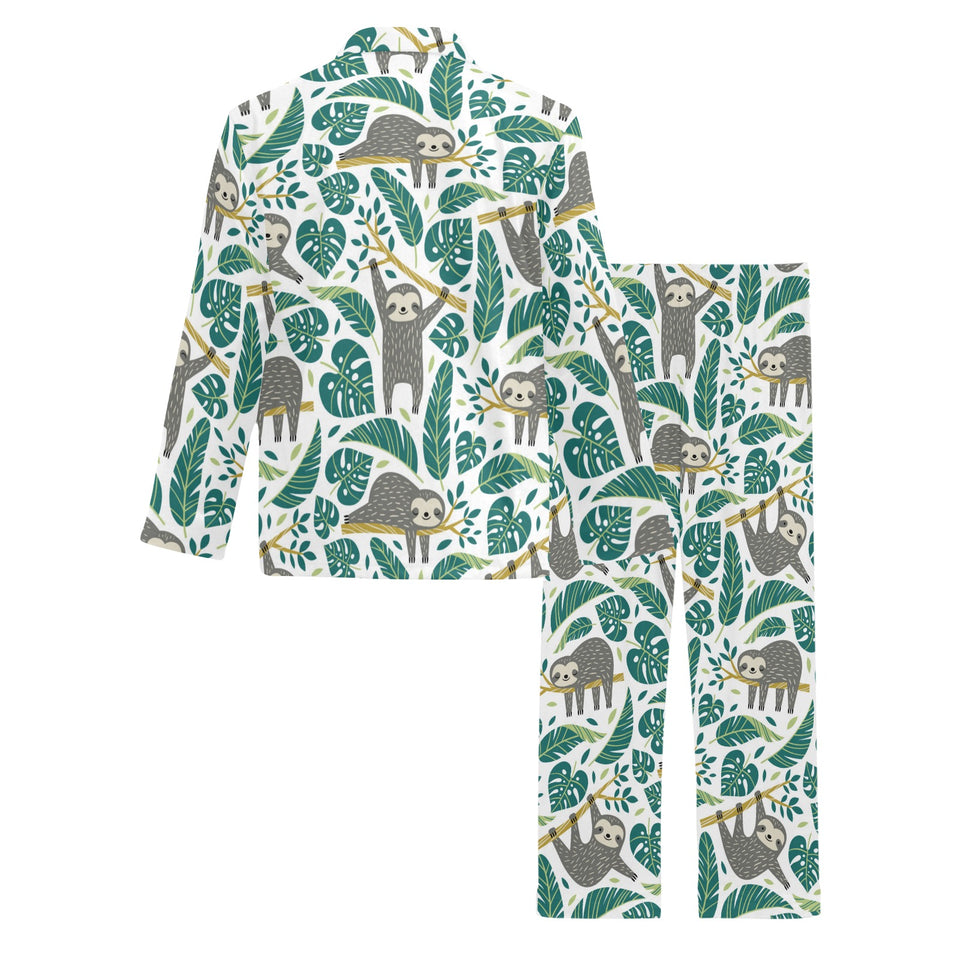 Cute sloths tropical palm leaves white background Men's Long Pajama Set