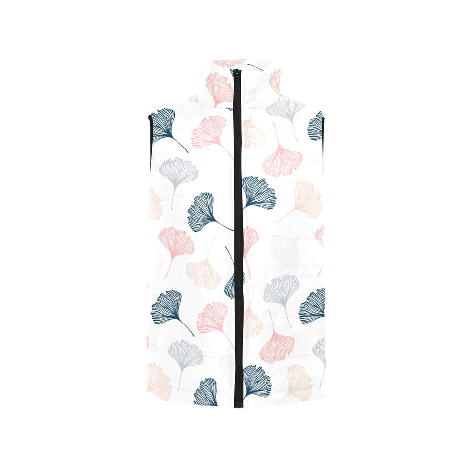 Black Gray Cream coral ginkgo leaves pattern Women's Padded Vest