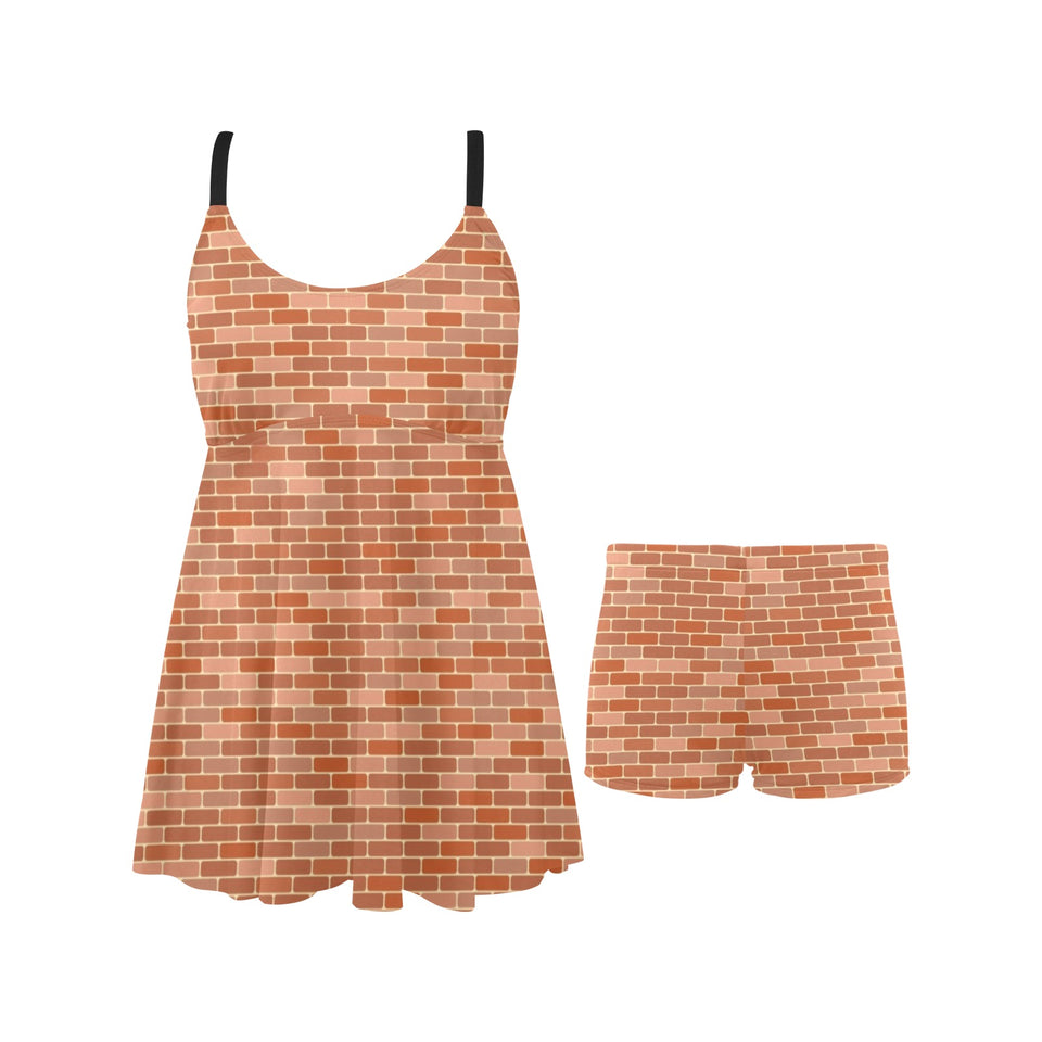 Brick Printed Pattern Print Design 02 Chest Sexy Pleated Two Piece Swim Dress