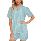 Snowflake pattern blue stripe background Women's V-Neck Short Pajama Set