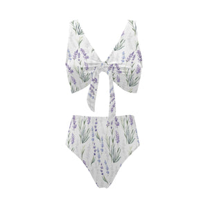 Hand painting Watercolor Lavender Chest Bowknot High Waisted Bikini Swimsuit