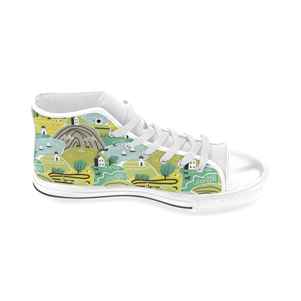 Hand drawn windmill pattern Men's High Top Canvas Shoes White
