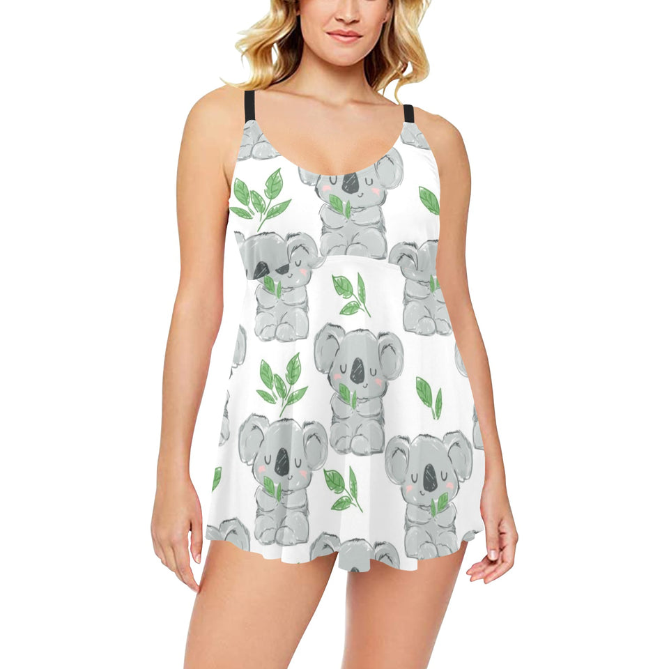 Hand drawn Koala leaves pattern Chest Sexy Pleated Two Piece Swim Dress