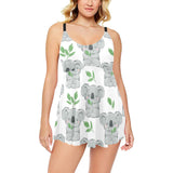 Hand drawn Koala leaves pattern Chest Sexy Pleated Two Piece Swim Dress
