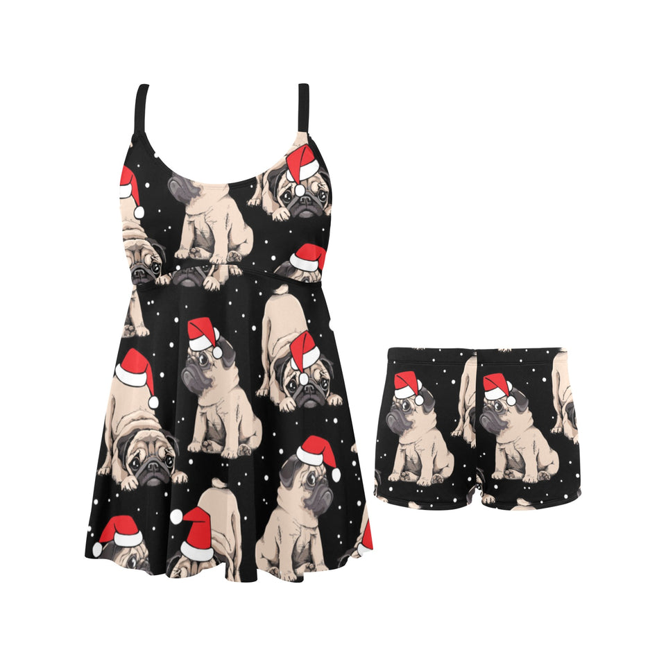 Christmas Pugs Santa_s red cap pattern Chest Sexy Pleated Two Piece Swim Dress