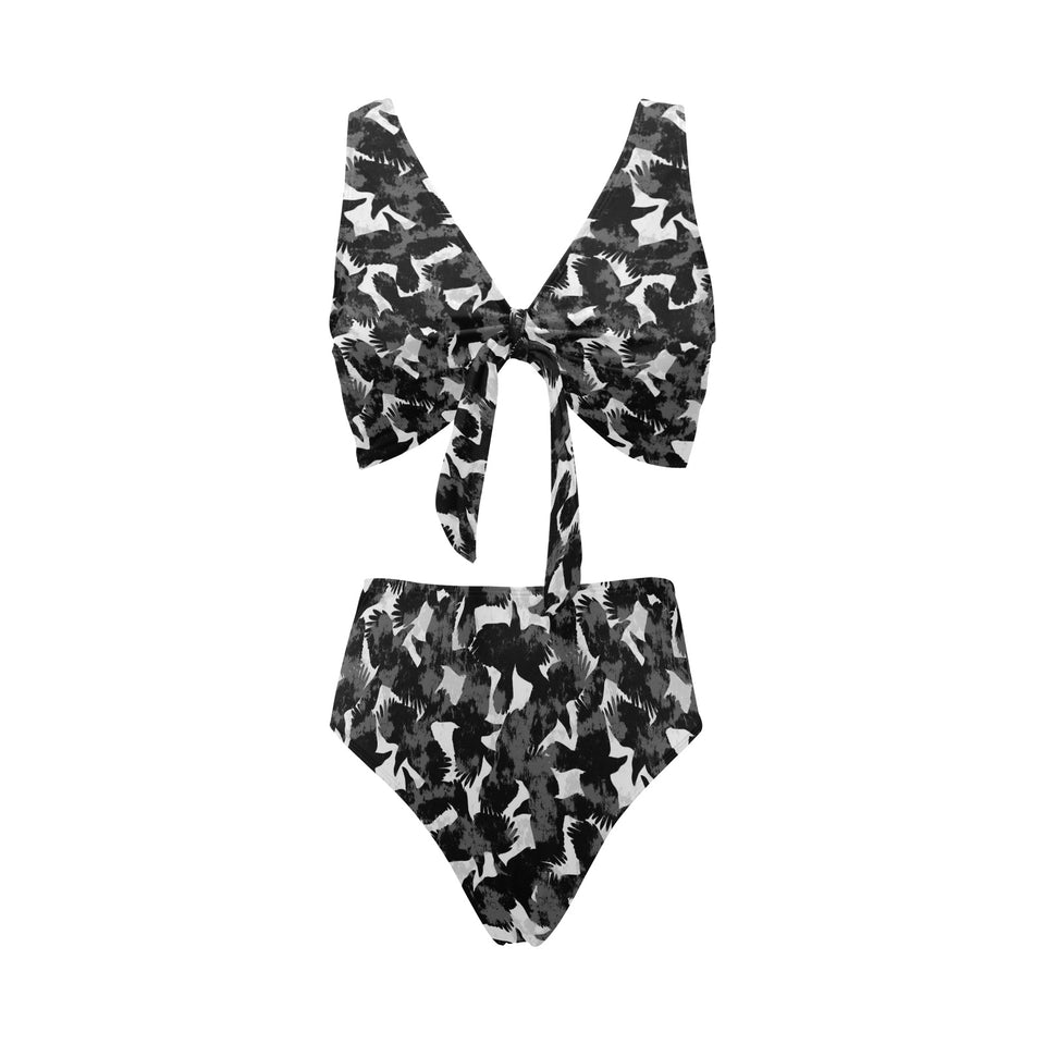 Crow illustration pattern Chest Bowknot High Waisted Bikini Swimsuit