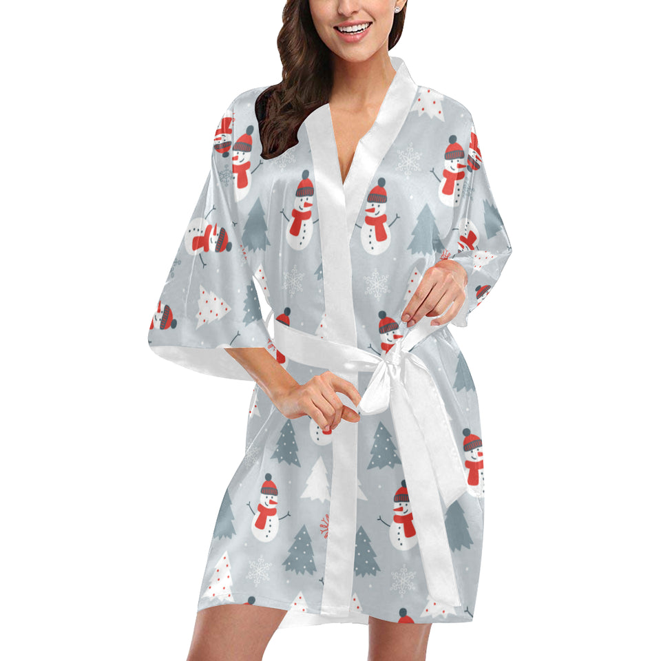 Snowman christmas  tree snow gray background Women's Short Kimono Robe