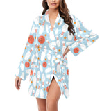 Bowling ball bowling pins blue blackground Women's Long Sleeve Belted Night Robe