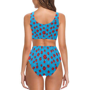 Ladybug Pattern Print Design 02 Chest Bowknot High Waisted Bikini Swimsuit