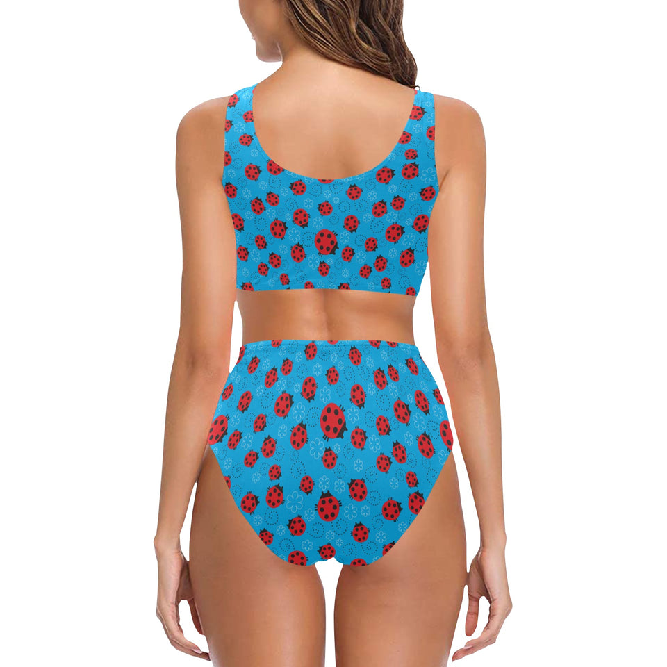 Ladybug Pattern Print Design 02 Chest Bowknot High Waisted Bikini Swimsuit