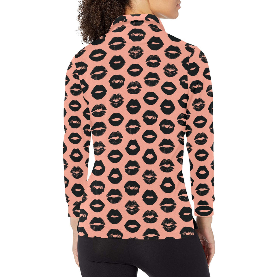 Lips Pattern Print Design 02 Women's Long Sleeve Polo Shirt