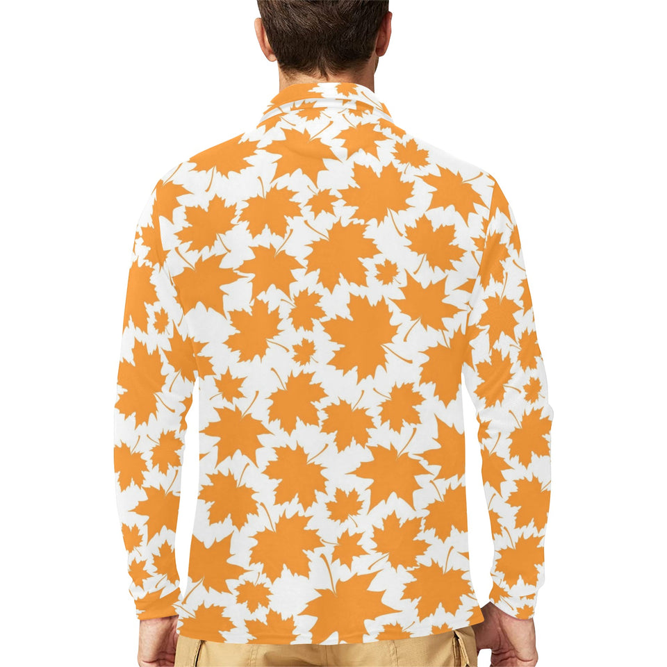 Orange Maple Leaf pattern Men's Long Sleeve Polo Shirt