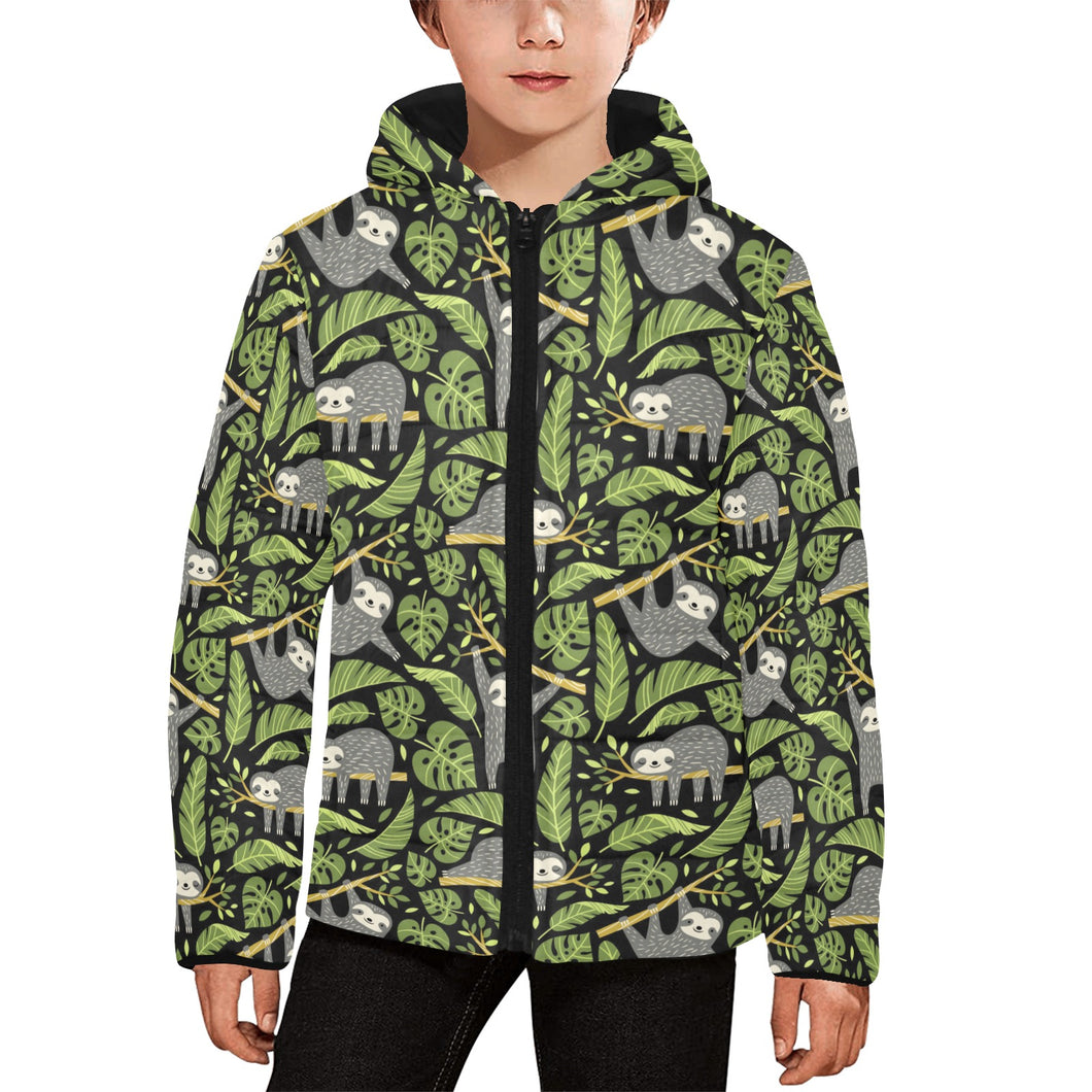 Cute sloths tropical palm leaves black background Kids' Boys' Girls' Padded Hooded Jacket
