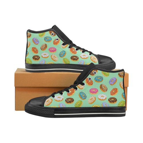 Colorful donut pattern green background Women's High Top Canvas Shoes Black