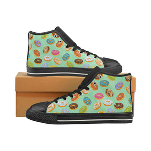 Colorful donut pattern green background Women's High Top Canvas Shoes Black