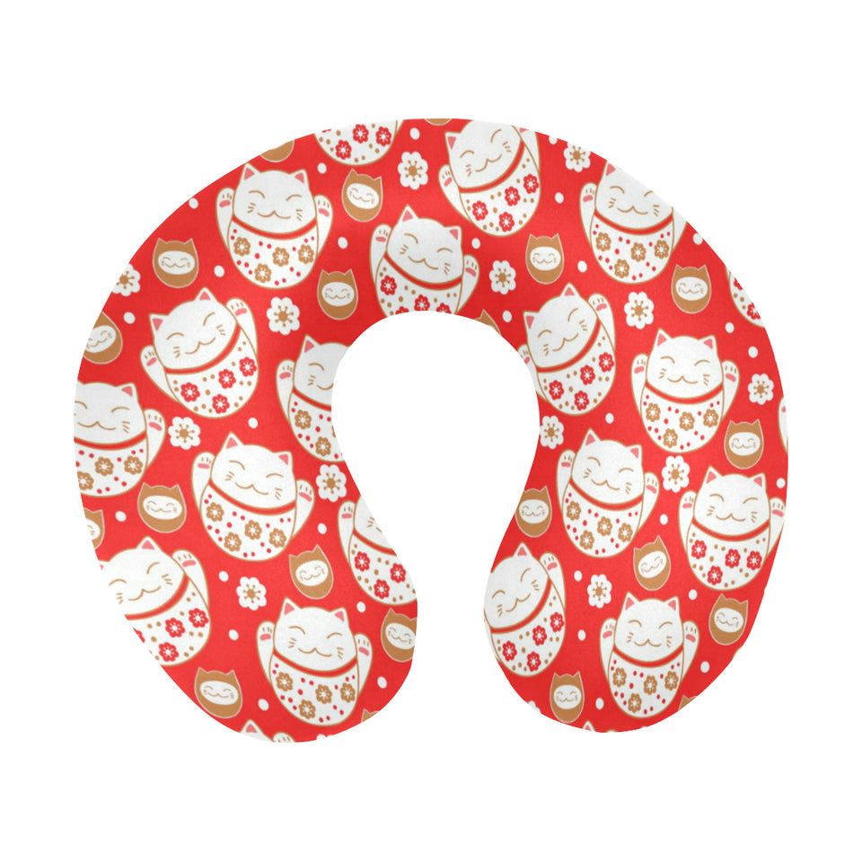 Cute Maneki neko cat red background U-Shaped Travel Neck Pillow