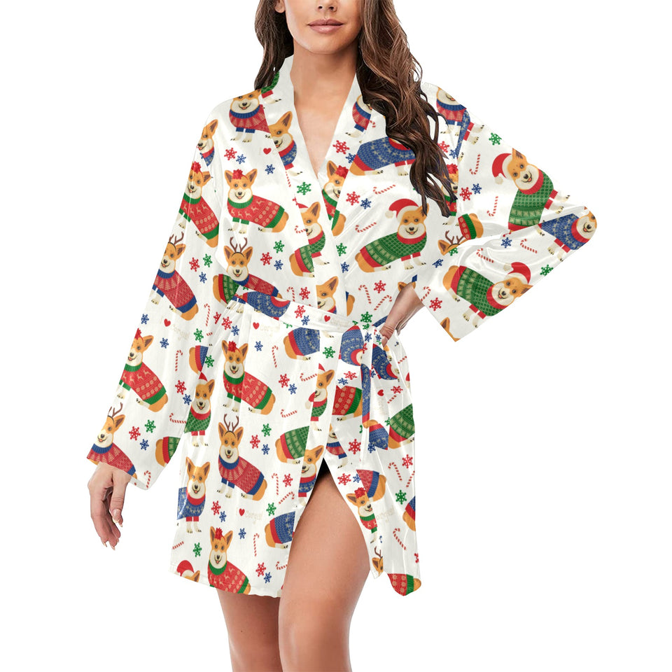 Corgi Christmas Pattern Women's Long Sleeve Belted Night Robe