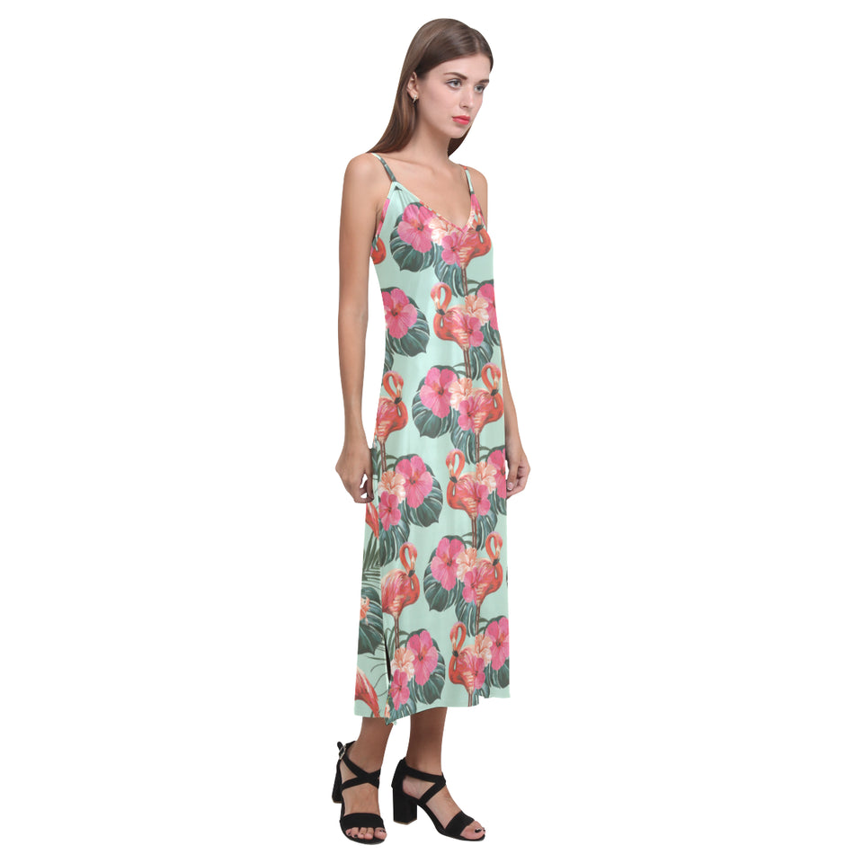 Beautiful flamingo tropical palm leaves hibiscus p V-Neck Open Fork Long Dress