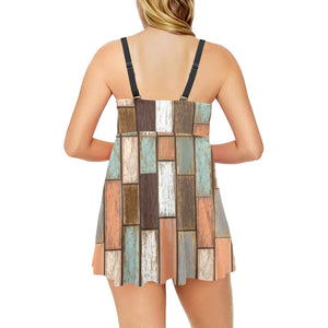 Wood Printed Pattern Print Design 02 Chest Sexy Pleated Two Piece Swim Dress