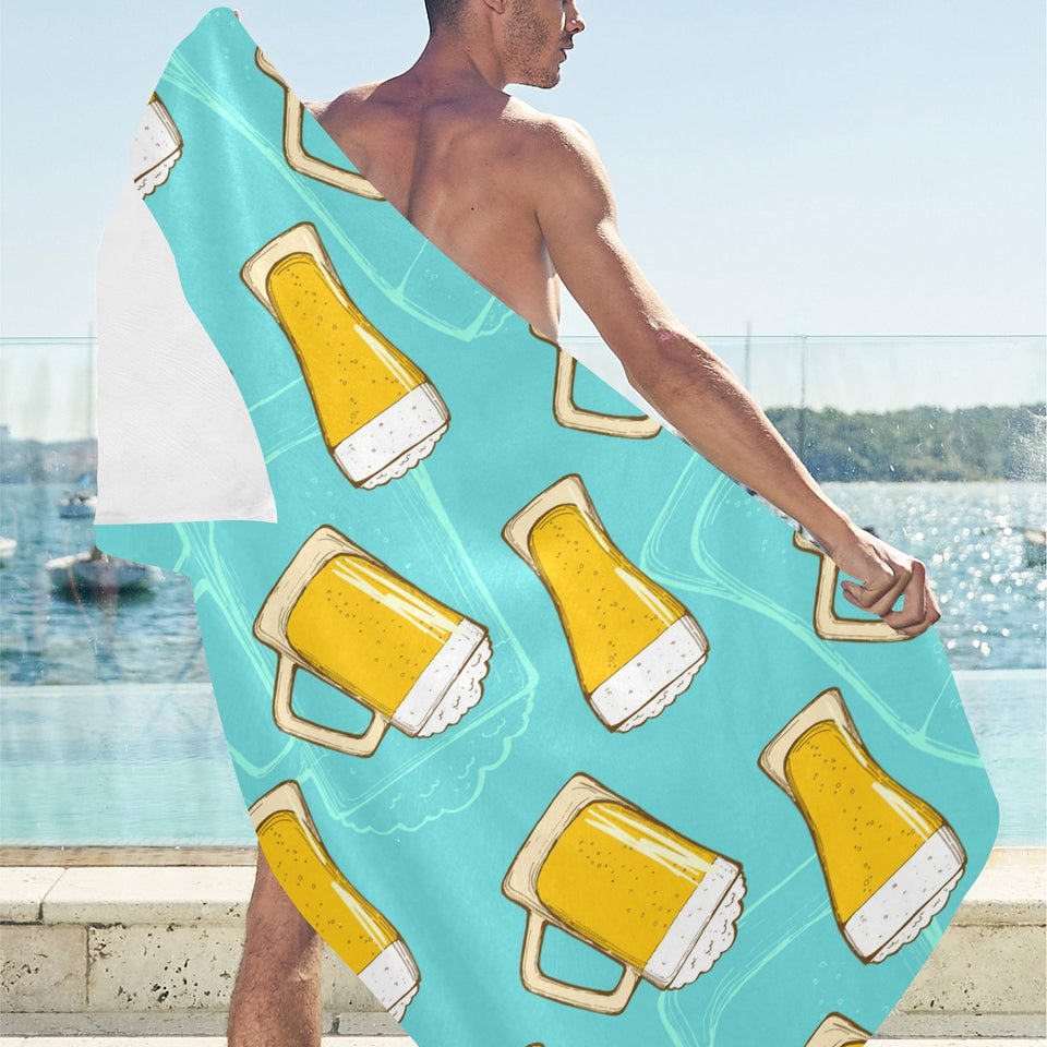 Beer pattern green background Beach Towel