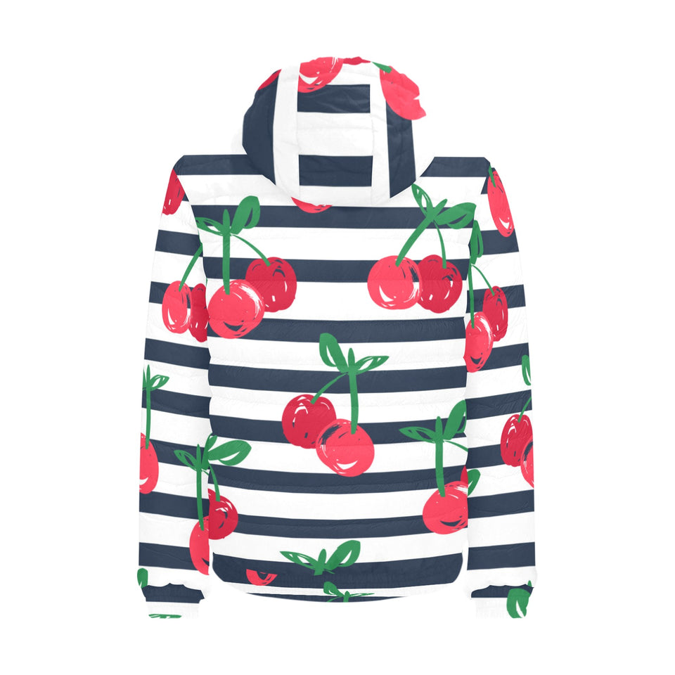Hand drawn cherry pattern striped background Men's Padded Hooded Jacket
