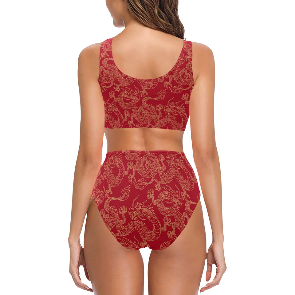 Gold dragons red background Chest Bowknot High Waisted Bikini Swimsuit