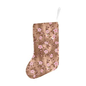 Pink sakura cherry blossom drak brown background Christmas Stocking
