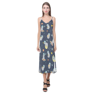 Cute sloth astronaut star planet rocket pattern V-Neck Open Fork Long Dress