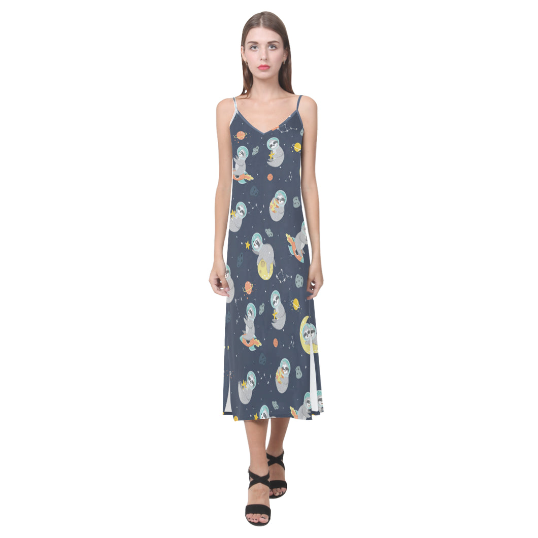 Cute sloth astronaut star planet rocket pattern V-Neck Open Fork Long Dress