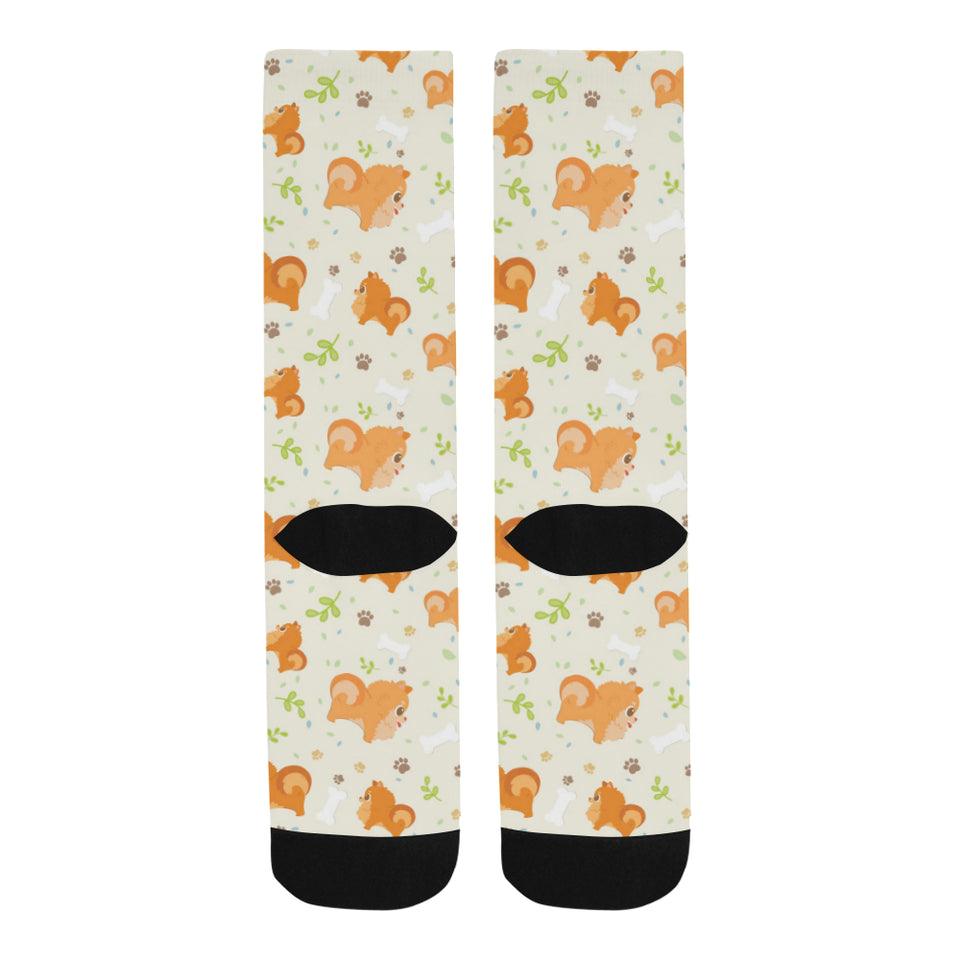Cute brown pomeranian paw leave bone pattern Crew Socks