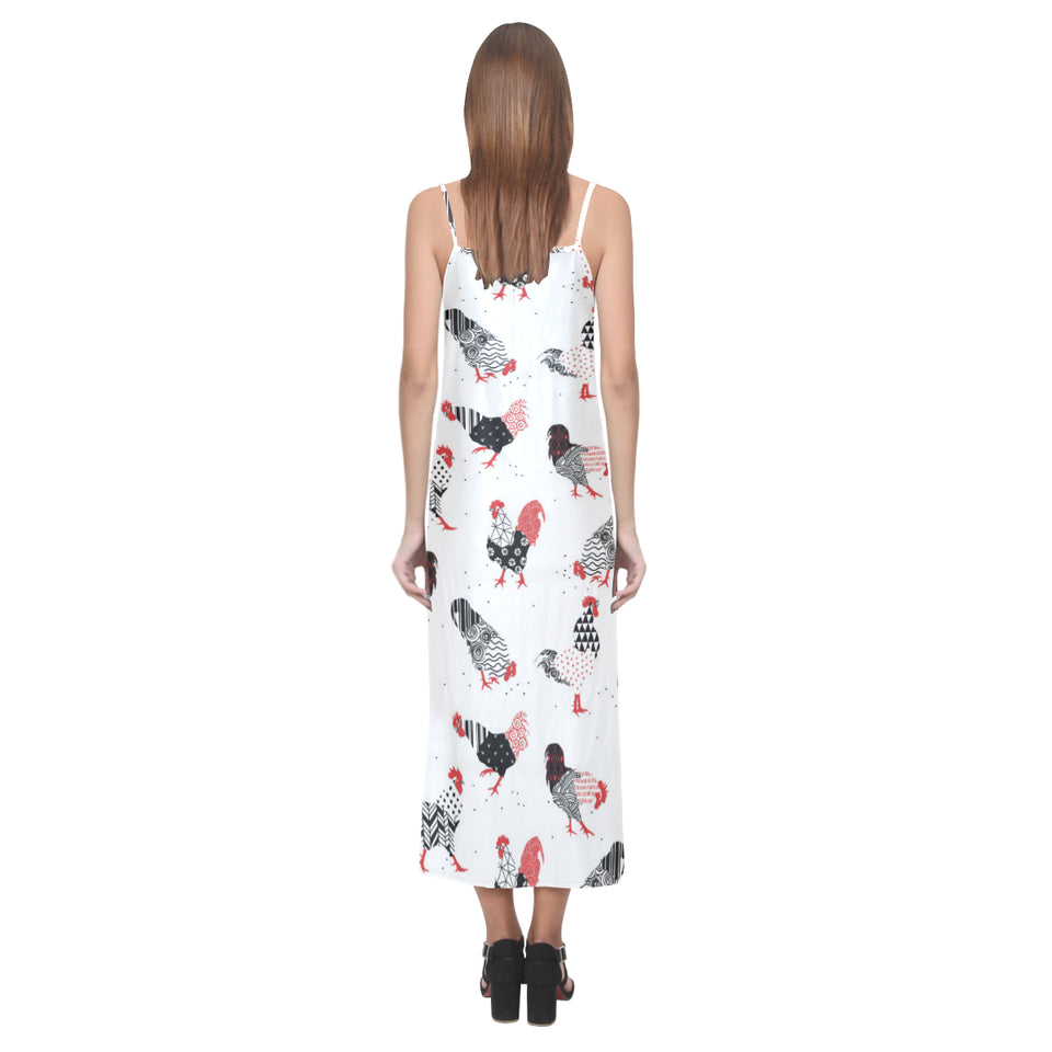 Cool rooster chicken cock floral ornament backgrou V-Neck Open Fork Long Dress
