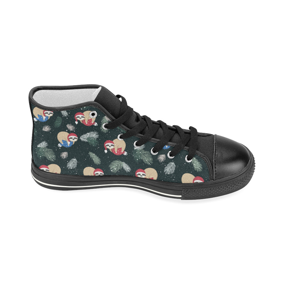 Cute sloths sleeping christmas ball santa hat patt Women's High Top Canvas Shoes Black