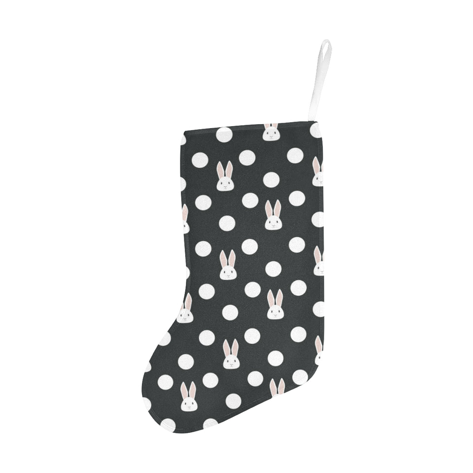 Cute white rabbit polka dots black background Christmas Stocking