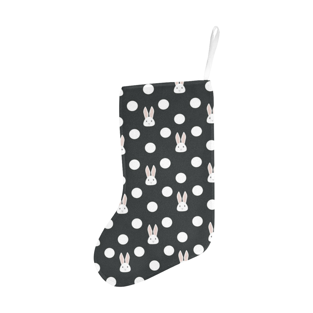 Cute white rabbit polka dots black background Christmas Stocking