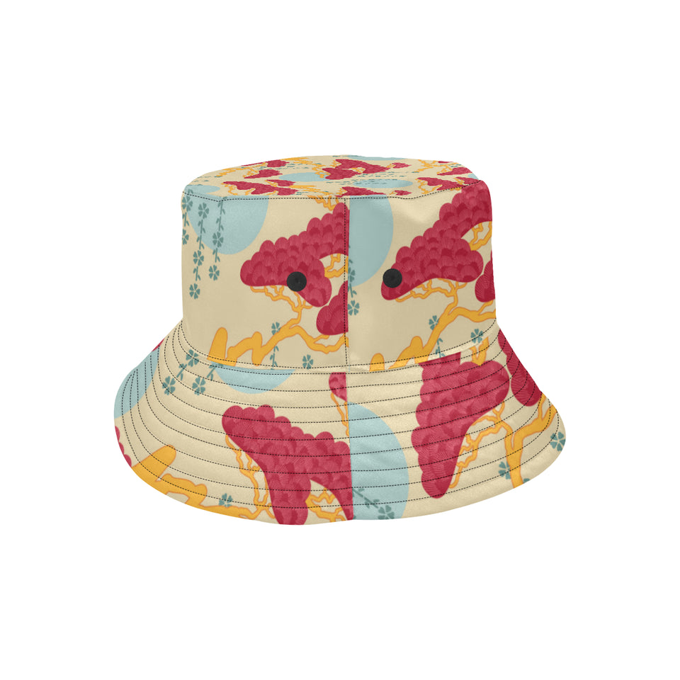 Red Bonsai gray sun japanese pattern Unisex Bucket Hat