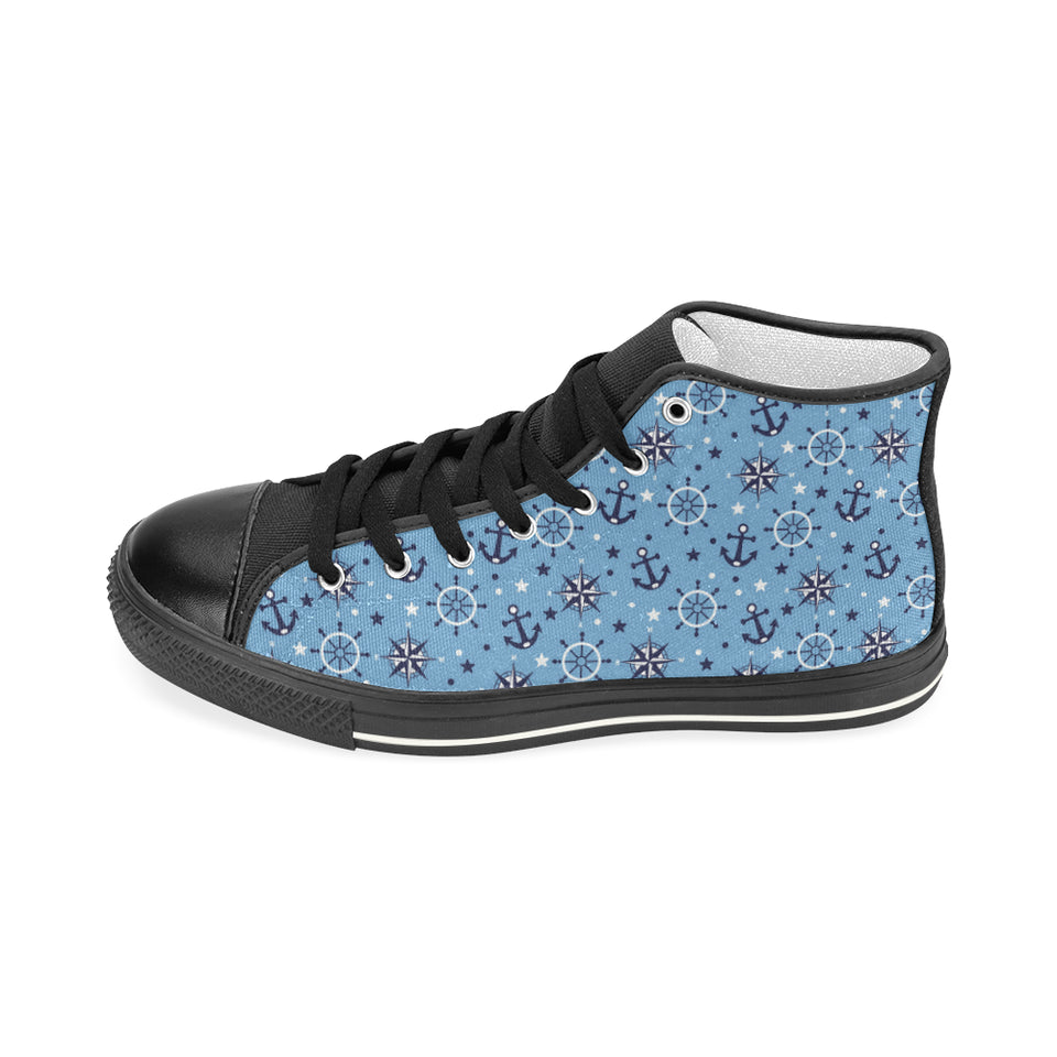 Anchors rudder compass star nautical pattern Men's High Top Canvas Shoes Black